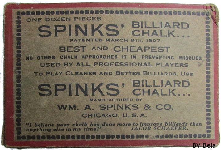 Spinks biljartkrijt - Chicago USA - patent datum 9 maart 1897