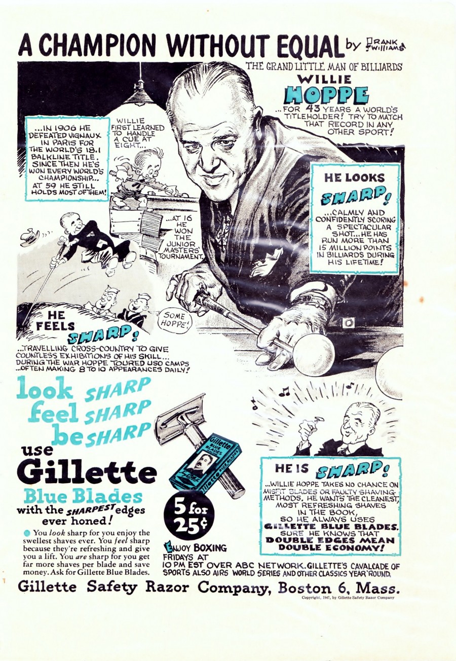 Reclame van de scheermessenfabrikant Gilette met Willie Hoppe als bron van inspiratie :-)