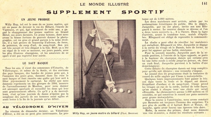 Willie Hoppe haalde reeds de Franse kranten (1902) toen hij als jonge tiener in Parijs kwam trainen