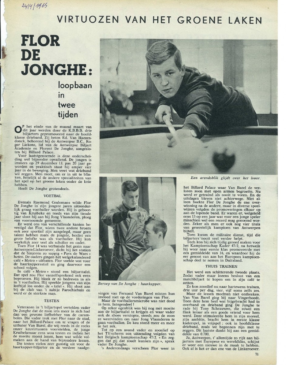 Artikel over Flor De Jonghe. Gedateerd 24 april 1965. Bron "Ons Land".