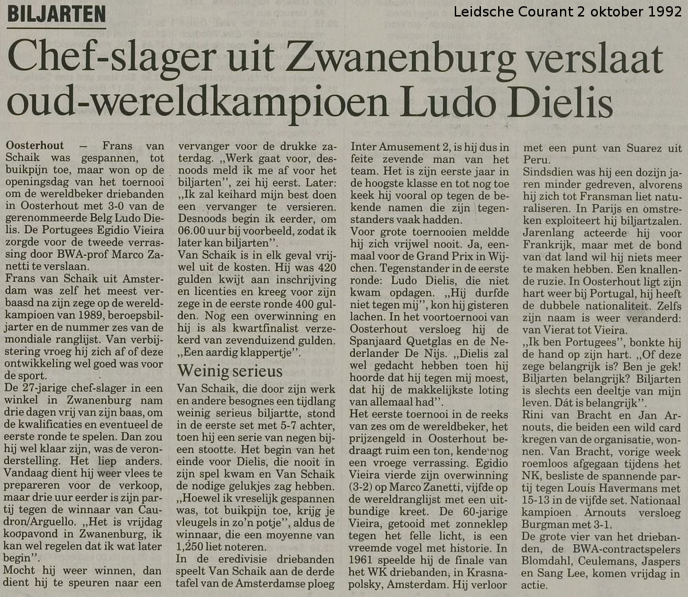 Frans van Schaik was gespannen, tot buikpijn toe, maar won op de openingsdag van het toernooi om de wereldbeker driebanden in Oosterhout met 3-0 van de gerenommeerde Belg Ludo Dielis. (Leidsche Courant - 2 oktober 1992)